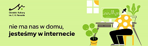 Grafika. Z lewej strony hasło: nie ma nas w domu, jesteśmy w internecie. Z prawej strony mężczyzna siedzący przy komputerze. Obok dwie rośliny w doniczkach. W lewym górnym rogu okno zza którego wyłania się słońce. Głównie jasne kolory: żółty, zielony i biały, przełamane czernią i szarością. Całość na jasnozielonym tle.