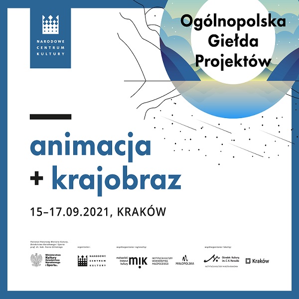 Plakat promujący "Ogólnopolską Giełdę Projektów". W prawym górnym rogu grafiki okrąg z motywami rysunkowego górskiego krajobrazu, w nim napis "Ogólnopolska Giełda Projektów". Po lewej stronie niebieski napis "Animacja + krajobraz". Całość na białym tle z niebieską ramką.