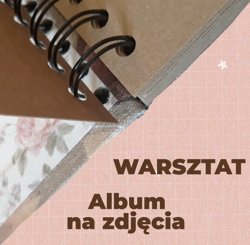 ARTZona - warsztaty albumy A3 Plakat przedzielony na ukos. W górnej części fragment skoroszytu leżącego na stole. Warsztat album na zdjęcia.