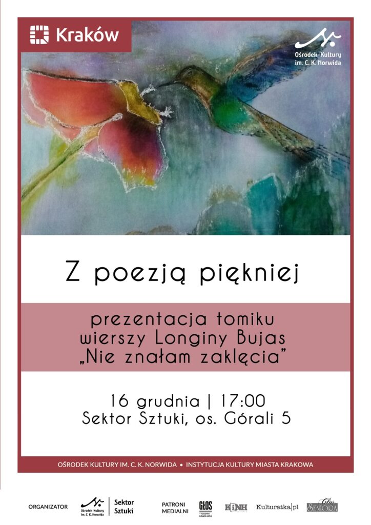 GHS - Z poezją piękniej - A3 jpeg W górnej części fragment obrazu przedstawiającego ptaka skubiącego kwiat. Niewyraźne i blade kolory: niebieski, czerwony, zielony i żółty. Z poezją piękniej.