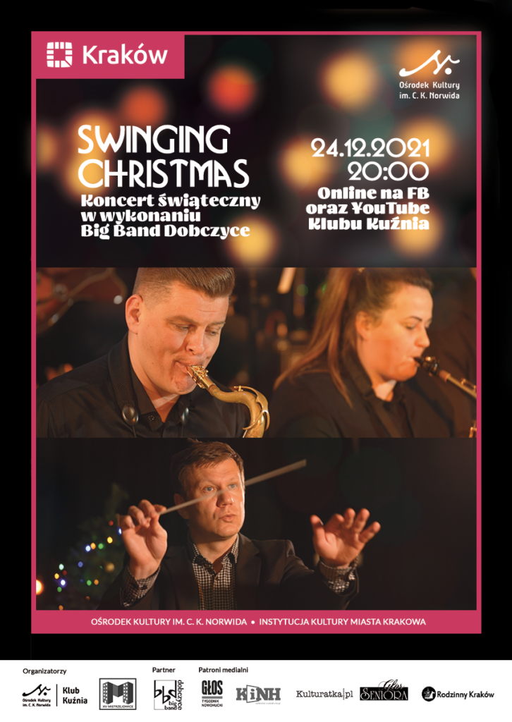 KK - Swinging Christmas - DRUK A3 Dwoje ludzi grających na instrumentach dętych na środku grafiki, pod nimi dyrygent trzymający batutę. Ciemne tło z elementami rozmazanych świateł. Słinging Krismas.