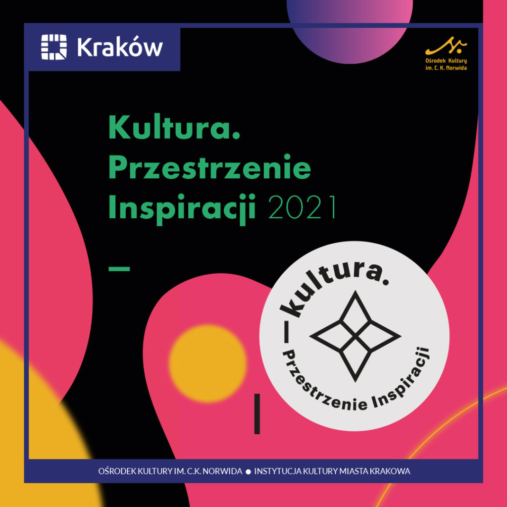 Konferencja_Publikacja_baner kwadrat Abstrakcyjna grafika z różnymi kształtami w kolorach różowym, żółtym, czarnym, fioletowym i białym. Kultura. Przestrzenie inspiracji 2021.