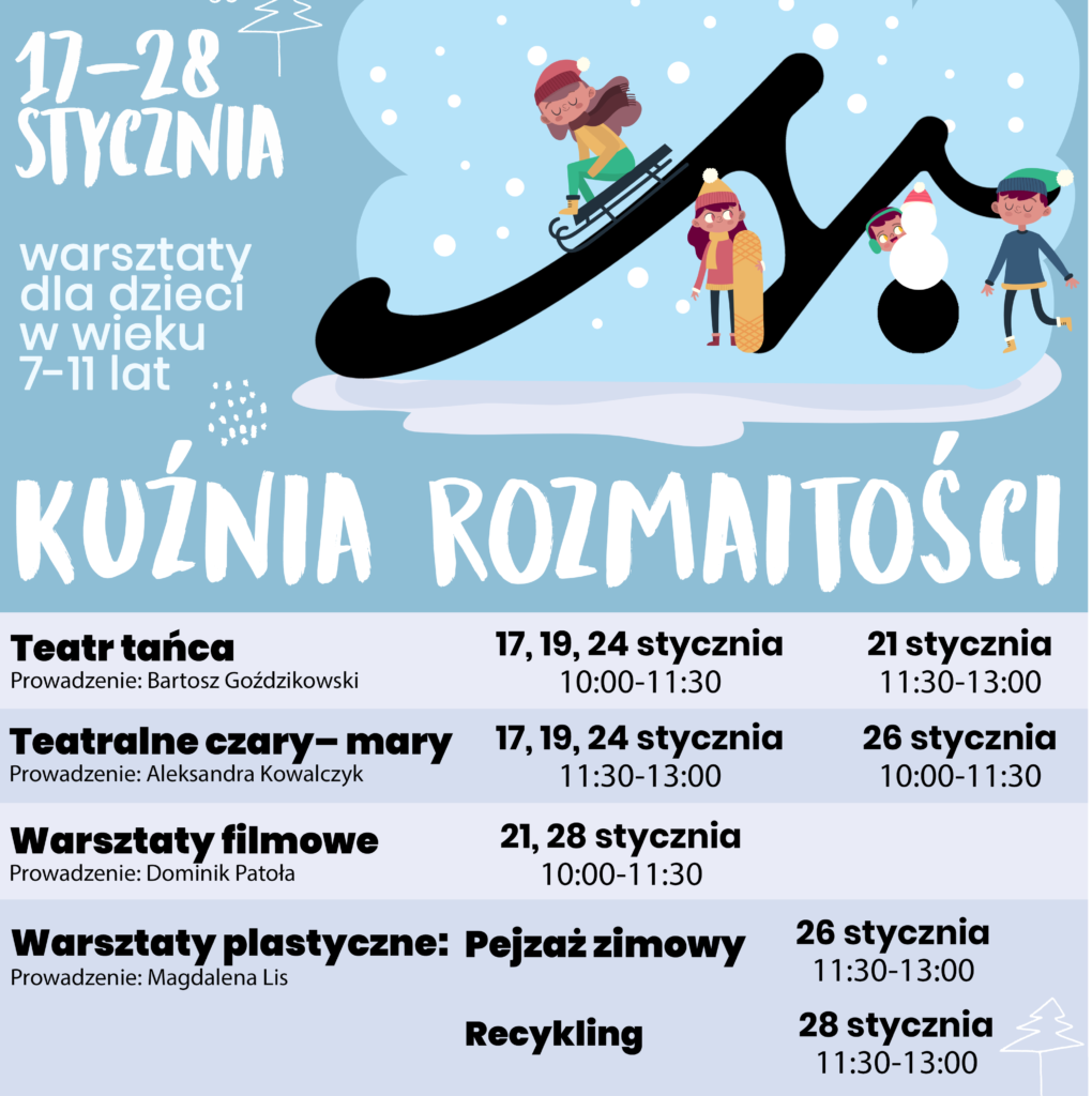 KK - Kuźnia rozmaitości warsztaty - A3 W prawym górnym rogu kreskówkowe postacie dziecięce bawiące się w zimowej scenerii. Wkomponowana litera N od nazwiska "Norwid". Kuźnia rozmaitości.