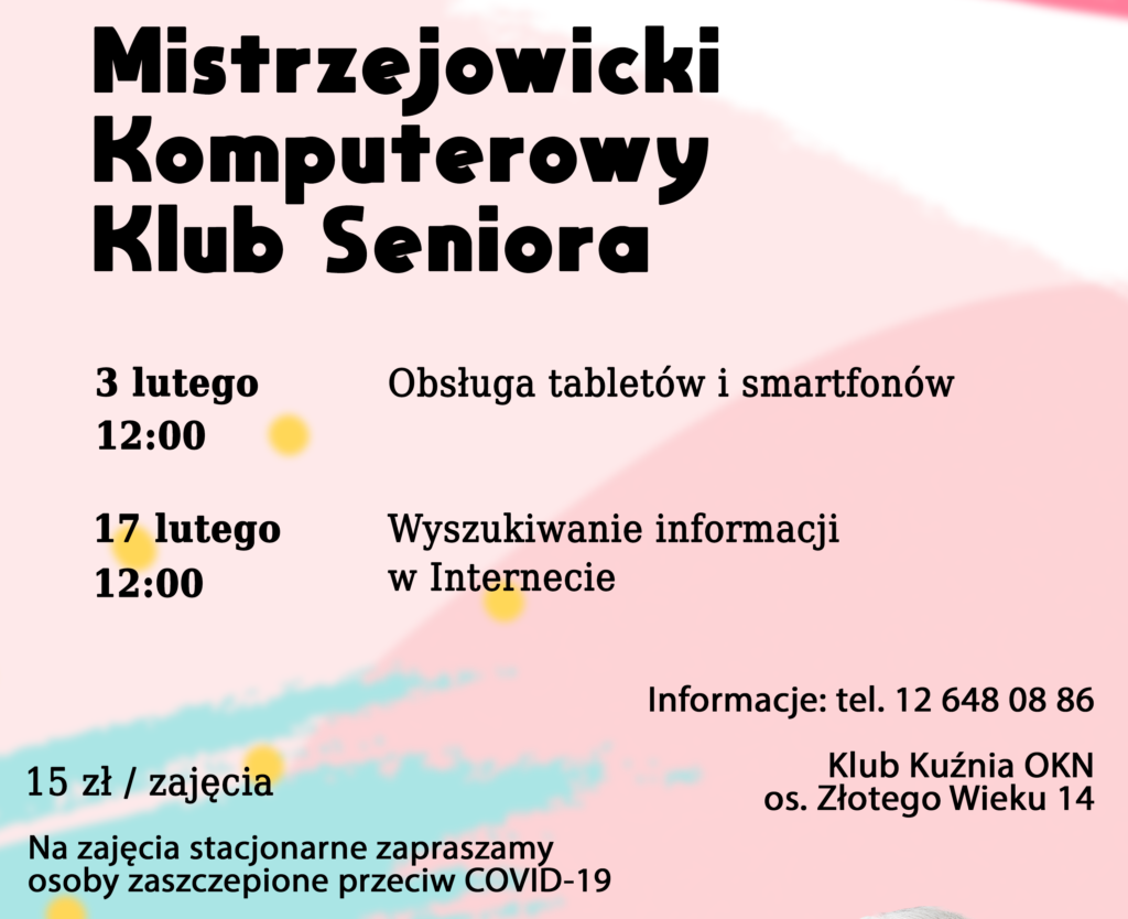 KK MKKS A3 - luty 22 Różowo-niebieska abstrakcyjna grafika. Mistrzejowicki Komputerowy Klub Seniora.