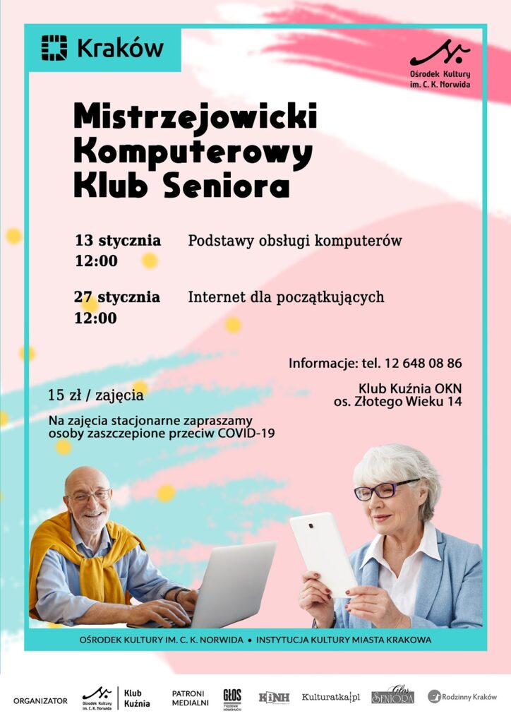 KK MKKS - styczeń 22 - A3 jpeg U dołu grafiki dwoje starszych osób. Mężczyzna obsługujący laptopa oraz kobieta korzystająca z tableta. Różowe tło z elementami bieli, jasnej czerwieni i niebieskiego. Mistrzejowicki Komputerowy Klub Seniora.