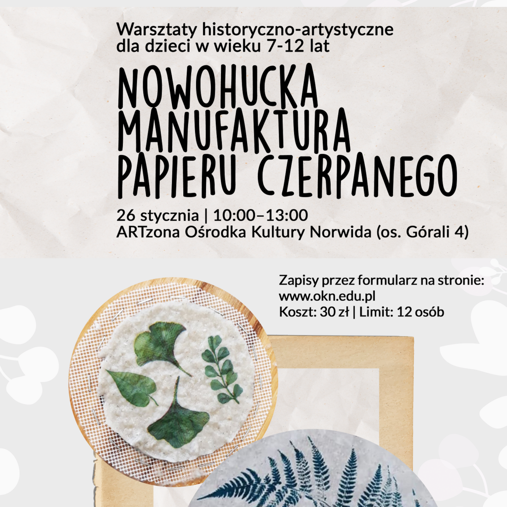NHLab -Nowohucka manufaktura - A3 2 U dołu przykłady papieru czerpanego z elementami liści w kolorach niebieskim i zielonym. Szare tło. Nowohucka manufaktura papieru czerpanego.