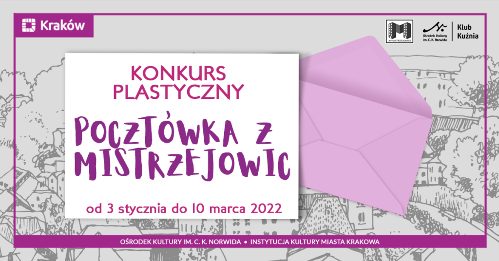 marzec- Pocztówka z mistrzejowic - wydarzenie FB Rysunkowe tło przedstawiające przestrzeń miejską. Na pierwszym planie różowa koperta i napis "Pocztówka z Mistrzejowic".