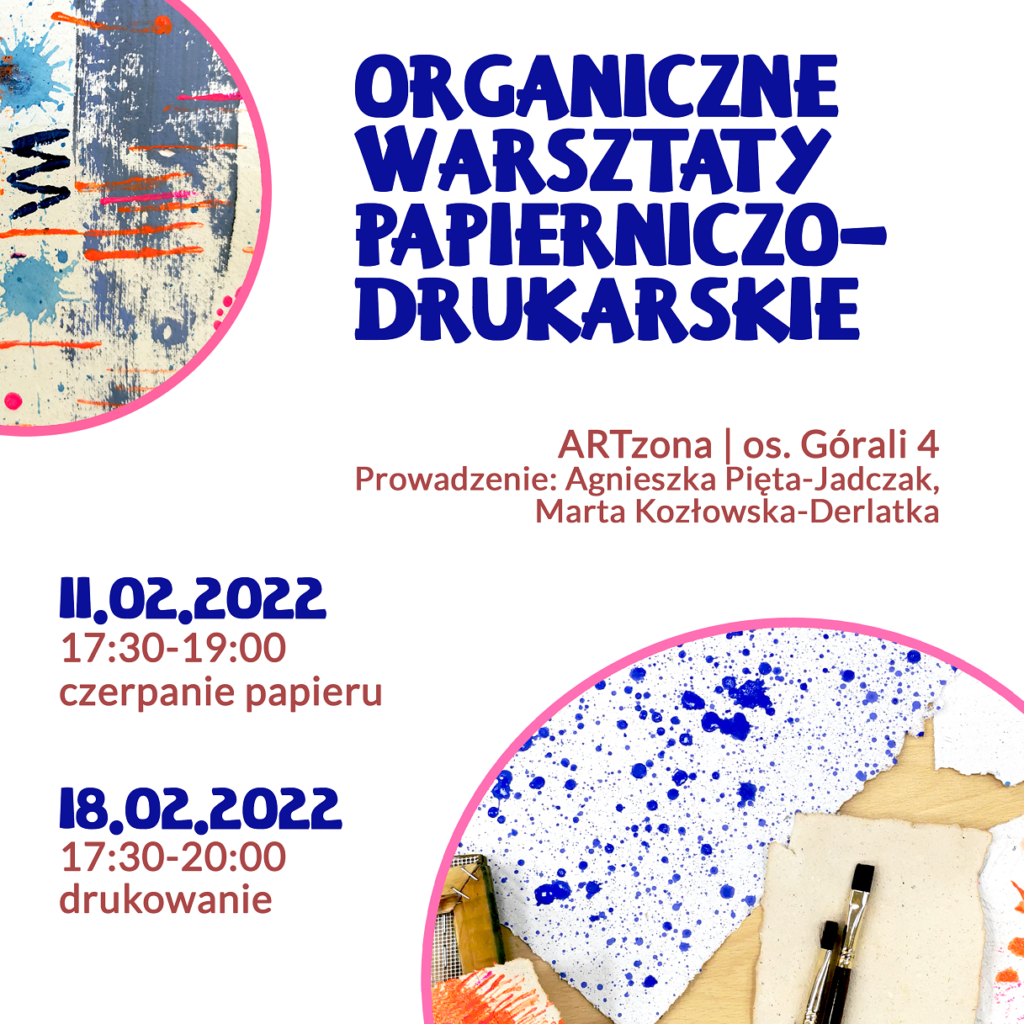 ARTZona - Organiczne warsztaty - A3 W lewym górnym rogu fragment abstrakcyjnego obrazu w kolorach beżowym, niebieskim, czerwonym i czarnym. W prawym dolnym rogu dwa małe pędzle na tle materiałów rękodzielniczych i papierniczych. Białe tło. Organiczne warsztaty papierniczo-drukarskie.