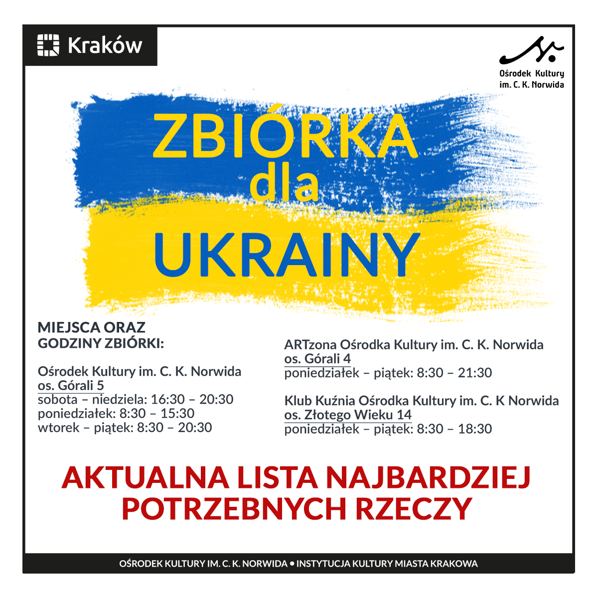 Rozmyta flaga Ukrainy na górze z napisem Zbiórka dla Ukrainy. Aktualna lista najbardziej potrzebnych rzeczy.