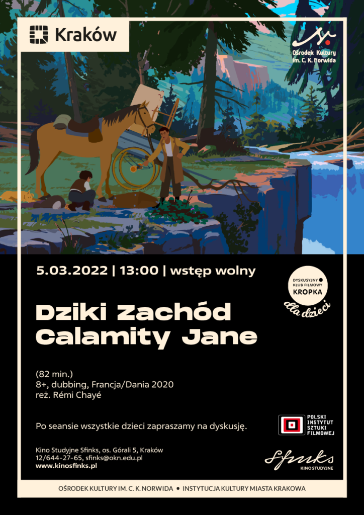 Sfinks_DKF_dzieci - Moje życie to cyrk 1 W górnej części animowany kadr z filmu. Dziewczynka nad urwiskiem z koniem. W tle las oraz rzeka. Dziki Zachód Kalamity dżejn.