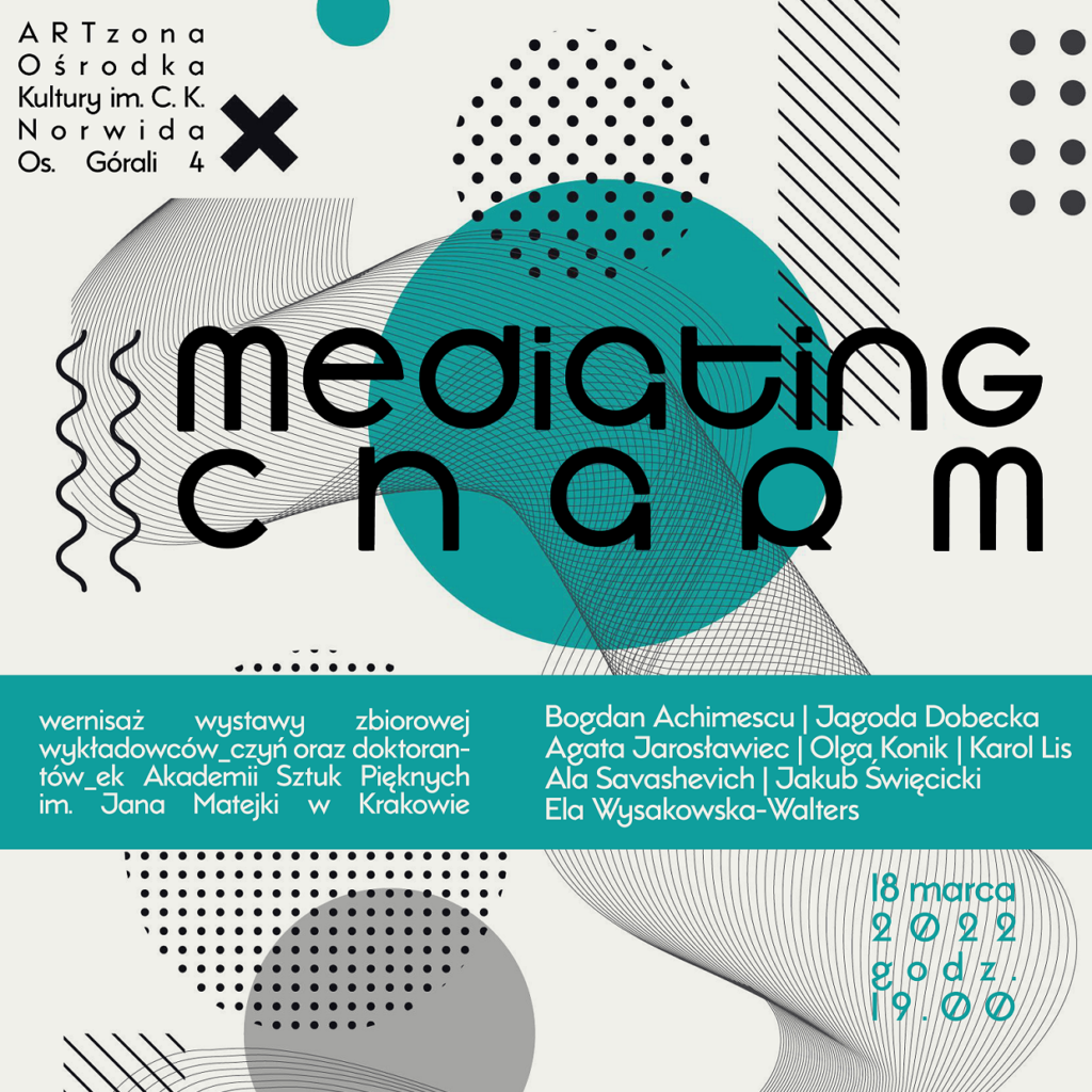 ARTZona - Mediating Charm - A3 Abstrakcyjna grafika przedstawiająca róże kształty w kolorach czarnych i niebiesko-zielone na białoszarym tle. Medjating czarm.