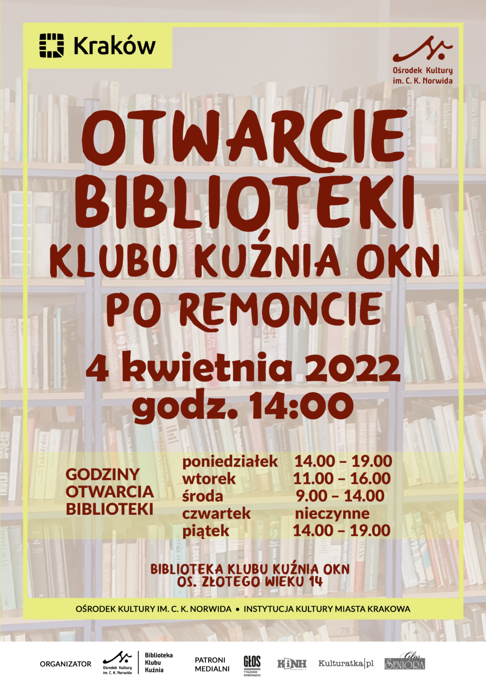 Tło: półki z książkami. Otwarcie biblioteki klubu kuźnia o k n po remoncie.