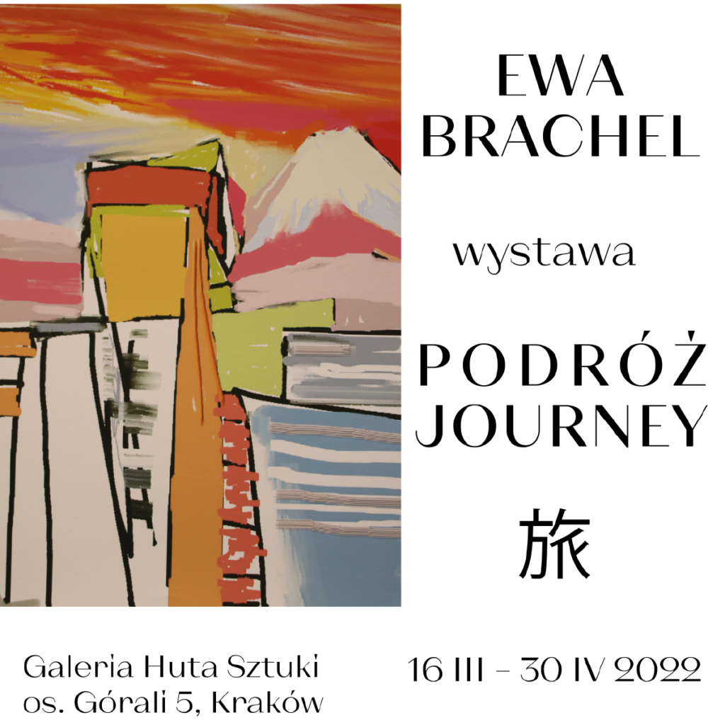 GHS - Podróż - B2 W lewej części fragment obrazu przedstawiający budynek na tle góry w pastelowych kolorach. Ewa Brachel, podróż dżerni.