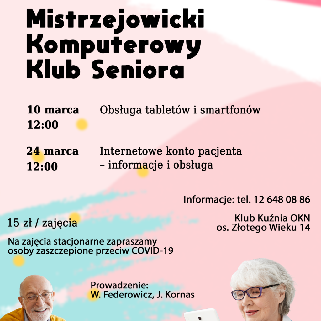 Różowo-niebieska abstrakcyjna grafika. Mistrzejowicki Komputerowy Klub Seniora.