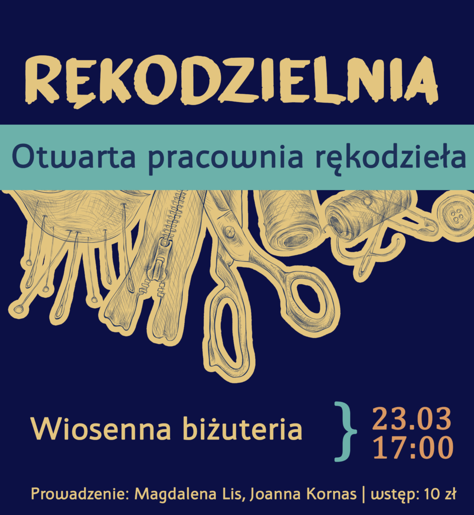 W centrum poduszka z igłami, suwak, nożyczki, szpule z nićmi, agrafki i guzik, narysowane na żółtych konturach. Fioletowe tło. Rękodzielnia. Otwarta pracownia rękodzieła.