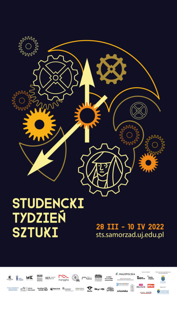 SM_stories_plakat_sts_22_z_logotypami Rysowane elementy mechanizmu zegarka w kolorach żółtym i pomarańczowym. Ciemnoniebieskie tło. Studencki tydzień sztuki.