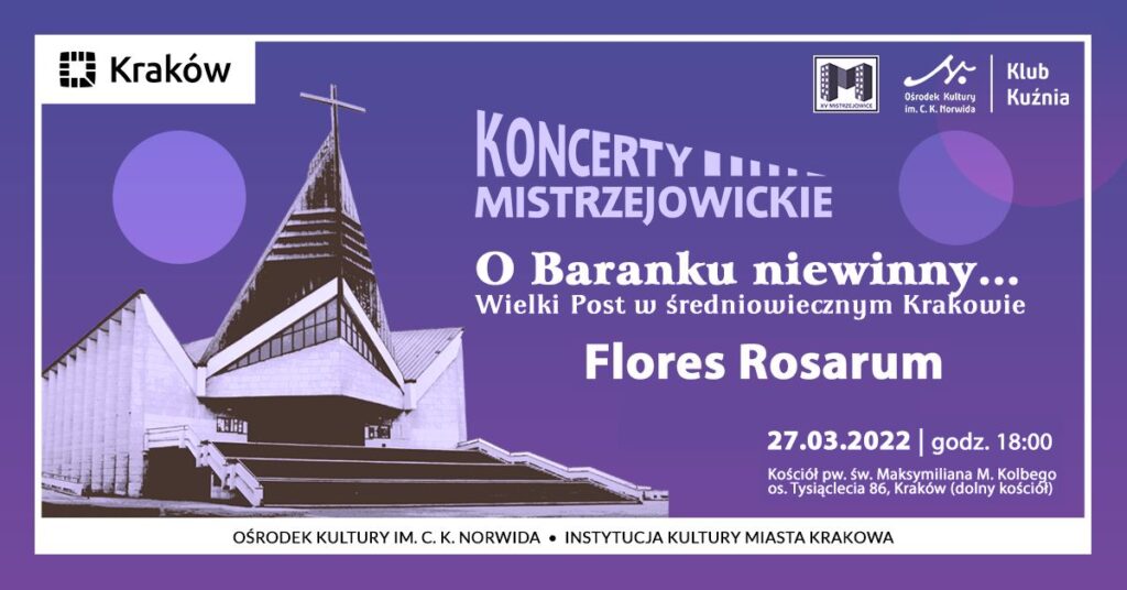 koncerty mistrzejowickie marc Po lewej stronie widok kościoła ze schodami. Fioletowe tło. Koncerty mistrzejowickie.