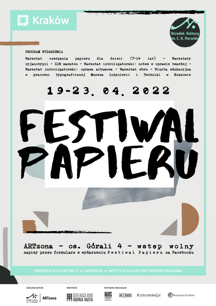 ARTZona - Festiwal Papieru - A3 - zmiana daty Biały prostokąt w centrum oraz nieregularne kształty w kolorach brązowym i szarym. Jasnoszare tło. Festiwal Papieru.