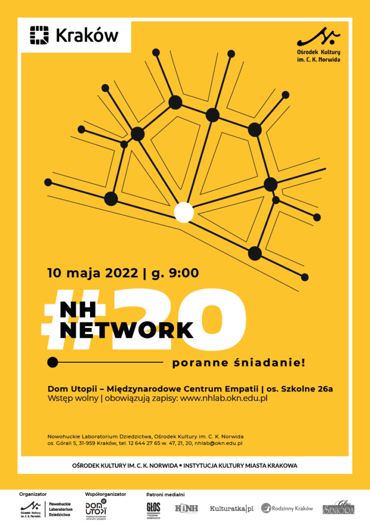 NHLAb - NH Network 20 - A3 W górnej części fragment planu dróg Nowej Huty z zaznaczonymi na nich liniami i kropkami. Żółte tło. NH Netłork numer 20.
