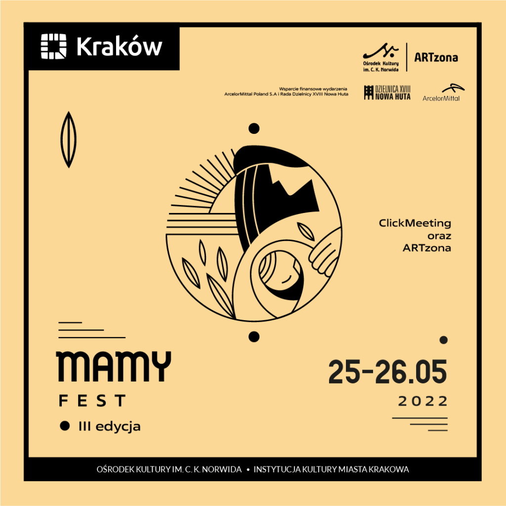 ARTzona - Mamy Fest 2022 - kwadrat W centrum rysunkowe przedstawienie matki trzymającej w rękach owinięte dziecko. Beżowe tło. Mamy fest.