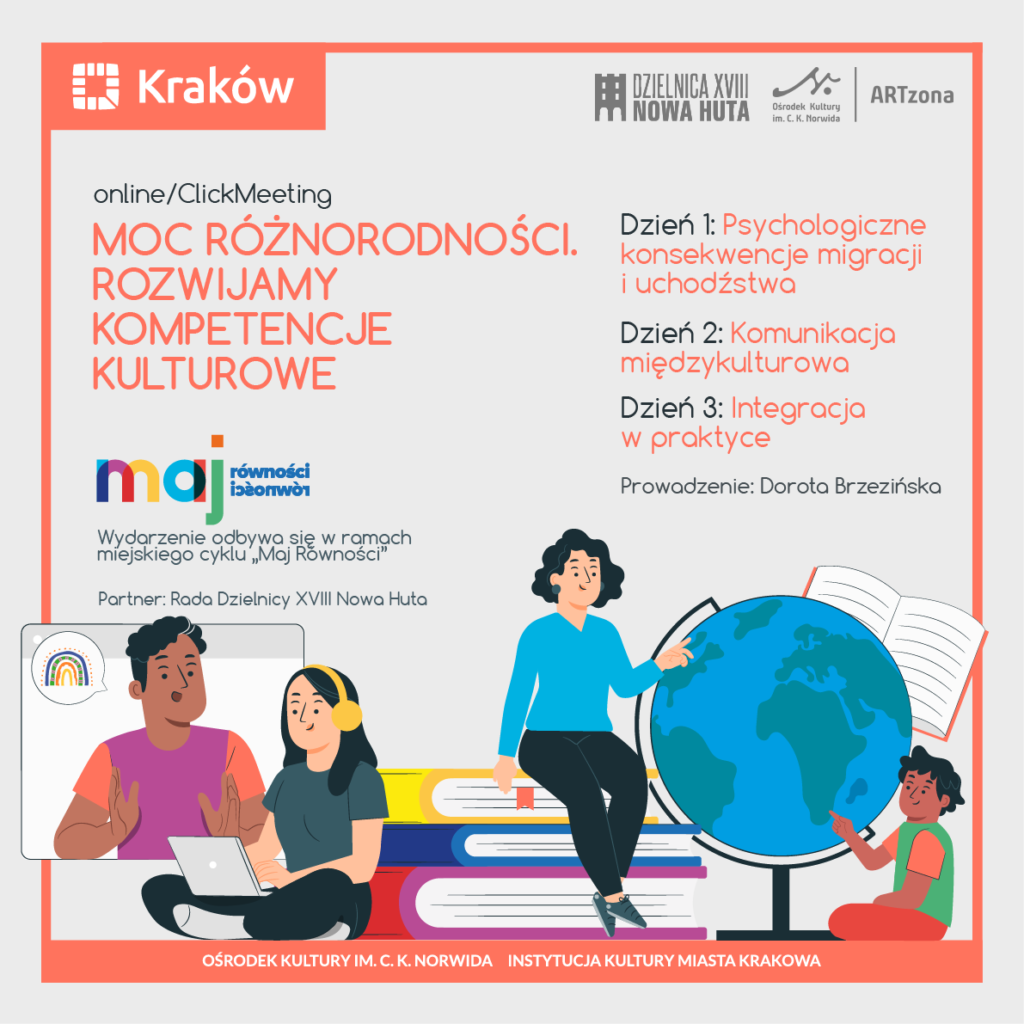 U dołu grafiki kolorowe malowane ludzkie postacie oraz książki i globus. Moc różnorodności.