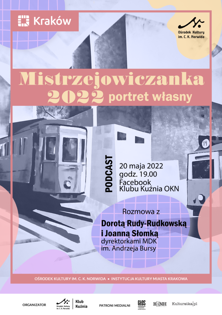 KK - Mistrzejowiczanka 22 - maj - A3 W tle przedstawiony krajobraz miejski. Tramwaje oraz budynki. Bladoniebieskie kolory z elementami czerwonymi, fioletowymi oraz żółtymi. Mistrzejowiczanka 2022 - portret własny.