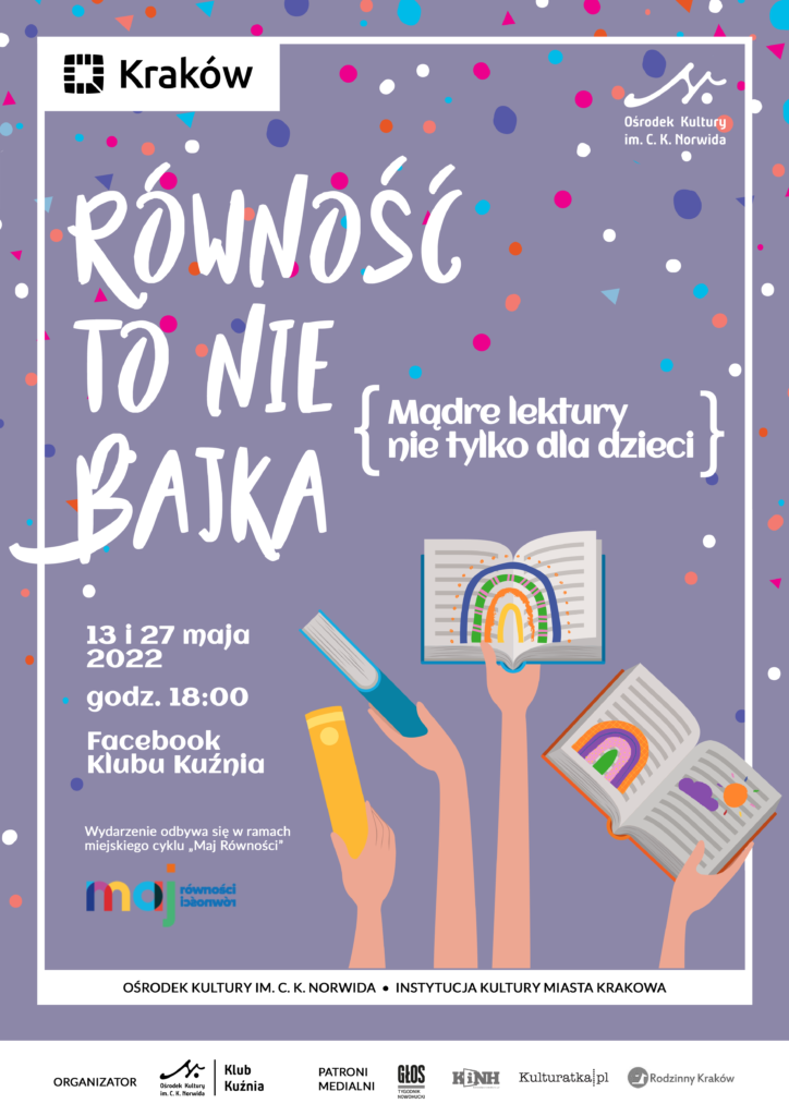 KK - Równość to nie bajka - A3 (1) Namalowane dłonie z książkami w prawej dolnej części. Fioletowe tło z kolorowymi kropkami. Równość to nie bajka.