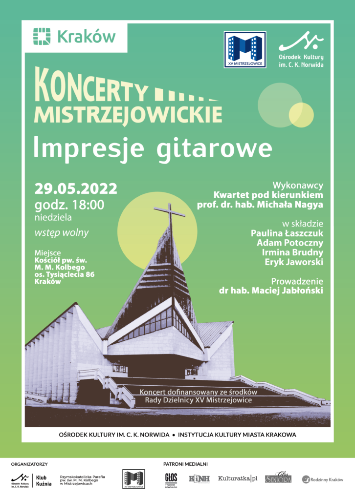 Koncerty Mistrzejowickie - A3 - maj ed U dołu widok kościoła ze schodami. Zielone tło. Koncerty mistrzejowickie.
