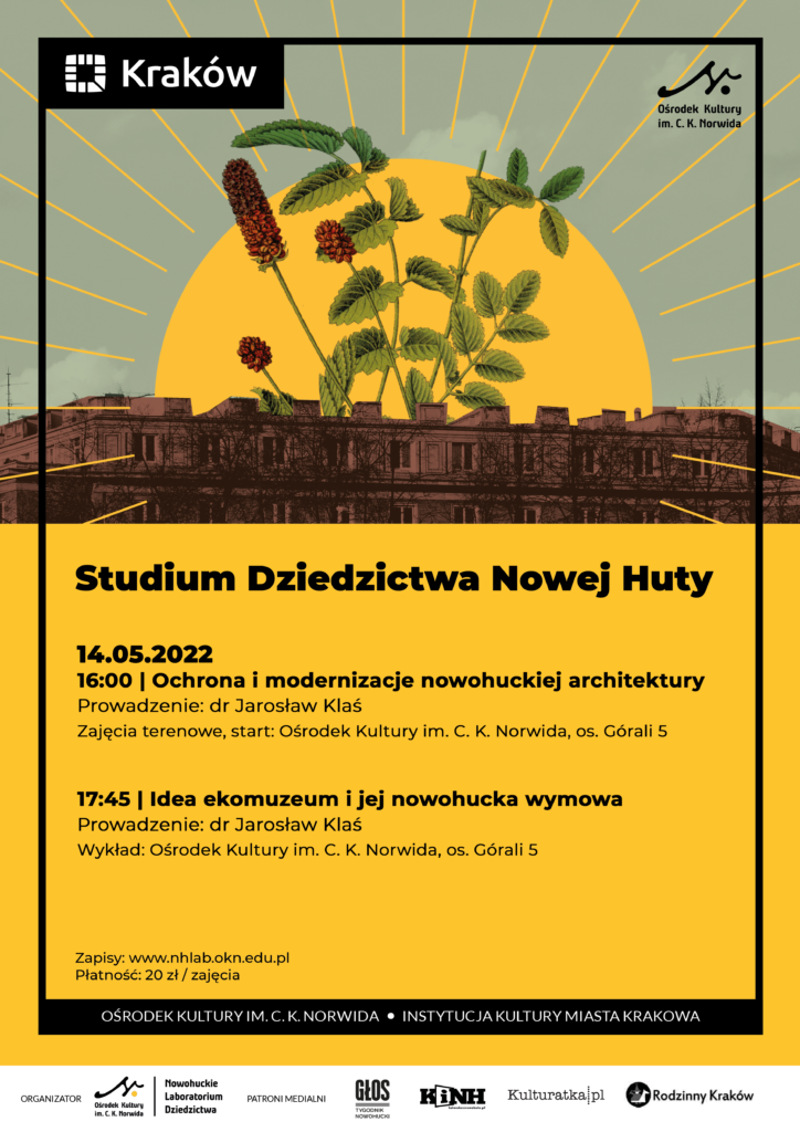 NHLab_Studium A3 - maj Na górze stare blokowisko nowohuckie, nad nim rysunkowe przedstawienie pałki wodnej, w tle żółte namalowane słońce z prostymi promieniami. Studium Dziedzictwa Nowej Huty.
