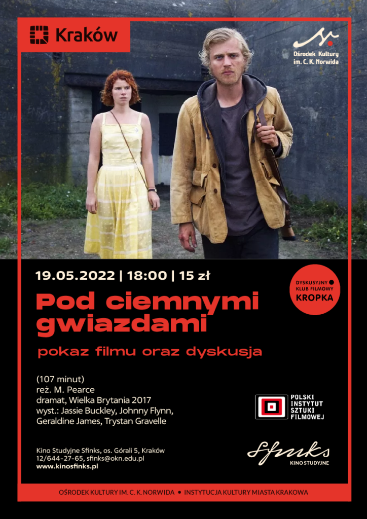 Sfinks - DKF - Pod ciemnymi gwiazdami 1 U góry kadr z filmu: mężczyzna idący przed siebie, za nim kobieta w żółtej sukience. W tle stary dom. Pod ciemnymi gwiazdami.