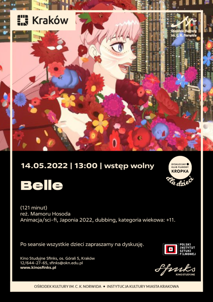 Sfinks - DKF_dzieci - Belle 1 U góry grafiki kolorowa postać kobieca namalowana w stylu anime, cała w kwiatach. Bel.