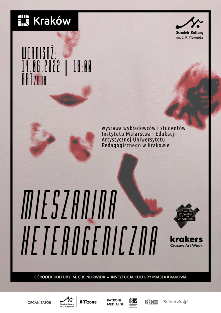 ARTzona -Mieszanina - A3 (1) Jasny plakat z czarną ramką. Czarny napis: mieszanina heterogeniczna. W tle czerwone porozrzucane części ciała. Napis: wernisaż wystawy.