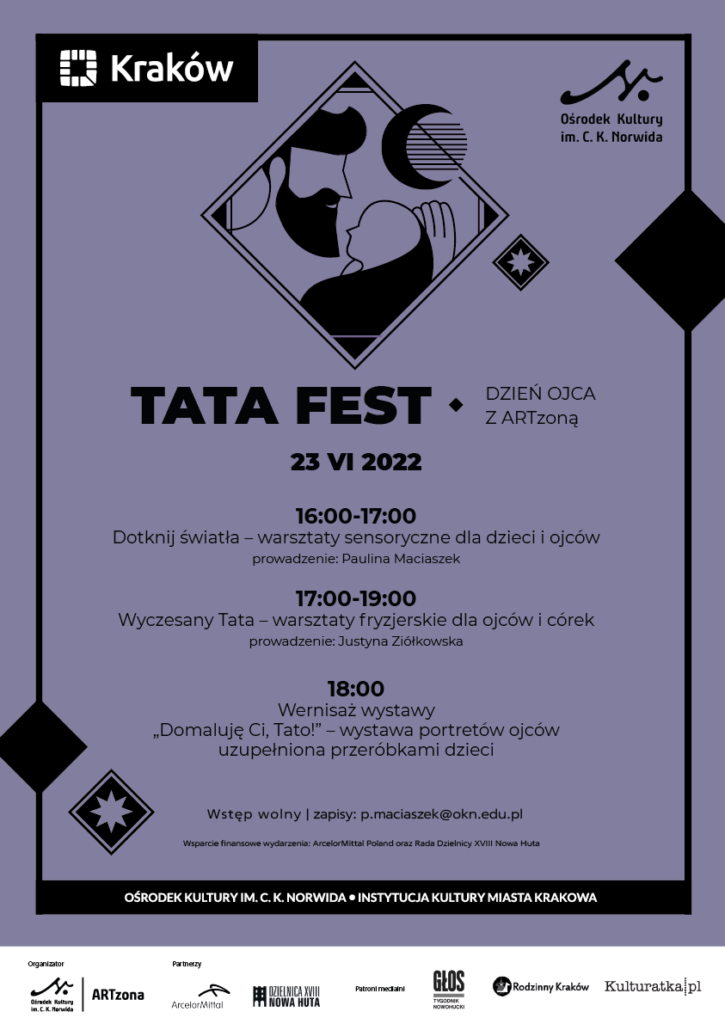 ARTzona - Tata Fest 2022 - A3 U góry rysunkowe przedstawienie mężczyzny z brodą trzymającego niemowlę. Fioletowe tło. Tata fest 2022.