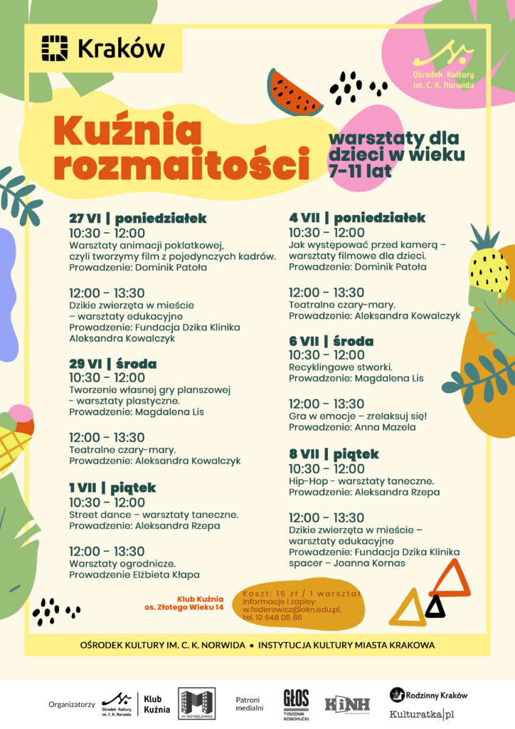 KK - Kuźnia Rozmaitości- A3 (2) Kolorowe elementy owoców i roślinności na beżowym tle. Kuźnia rozmaitości.