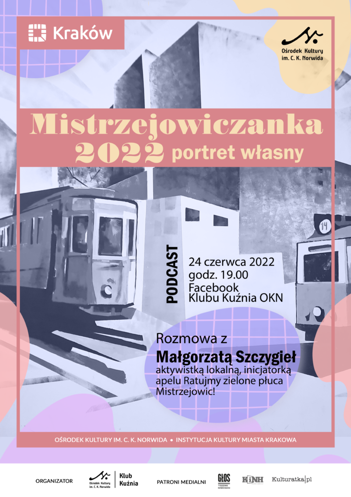 KK - Mistrzejowiczanka 22 - A3 W tle przedstawiony krajobraz miejski. Tramwaje oraz budynki. Bladoniebieskie kolory z elementami czerwonymi, fioletowymi oraz żółtymi. Mistrzejowiczanka 2022 - portret własny.