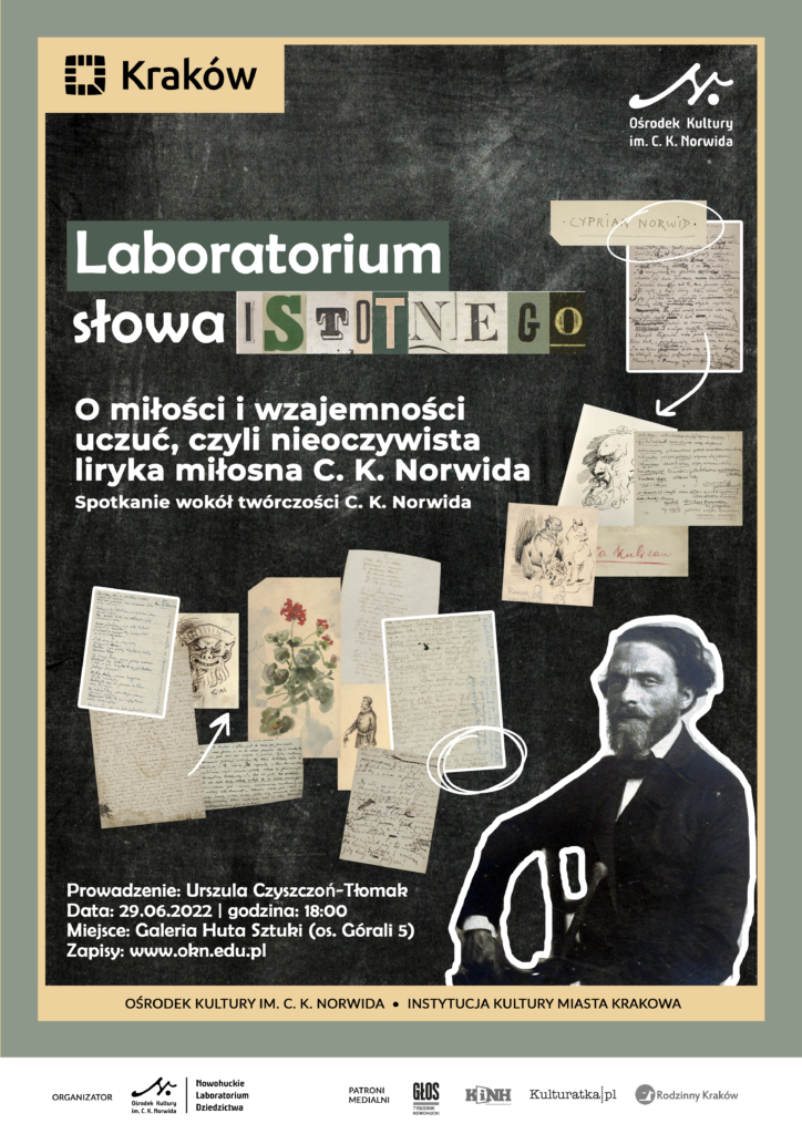 NHLab -Labolatorium słowa - A3 - czerwiec Kartki papieru z notatkami i tekstami oraz rusynkami na czarnym tle. W prawym dolnym rogu czarno-biały wizerunek Norwida. Szare tło. Laboratorium słowa istotnego.
