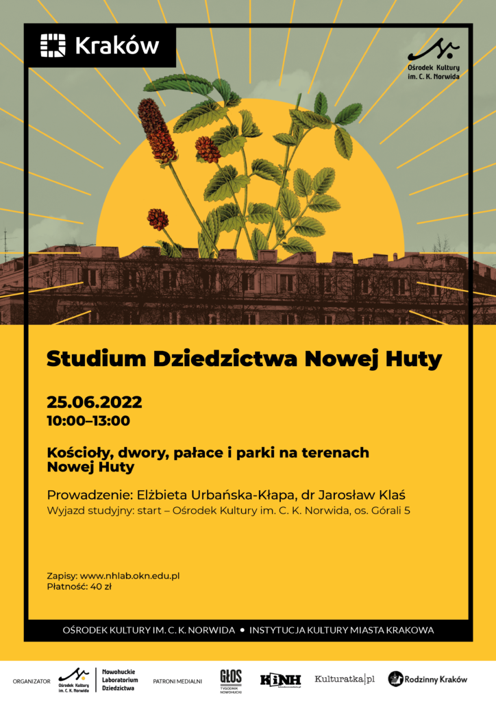 NHLab_Studium A3 Plakat do zajęć: Studium Dziedzictwa Nowej Huty. DOlna połowa plakatu jest żółta, na górze jest budynek i wyrastające z niego kwiaty.