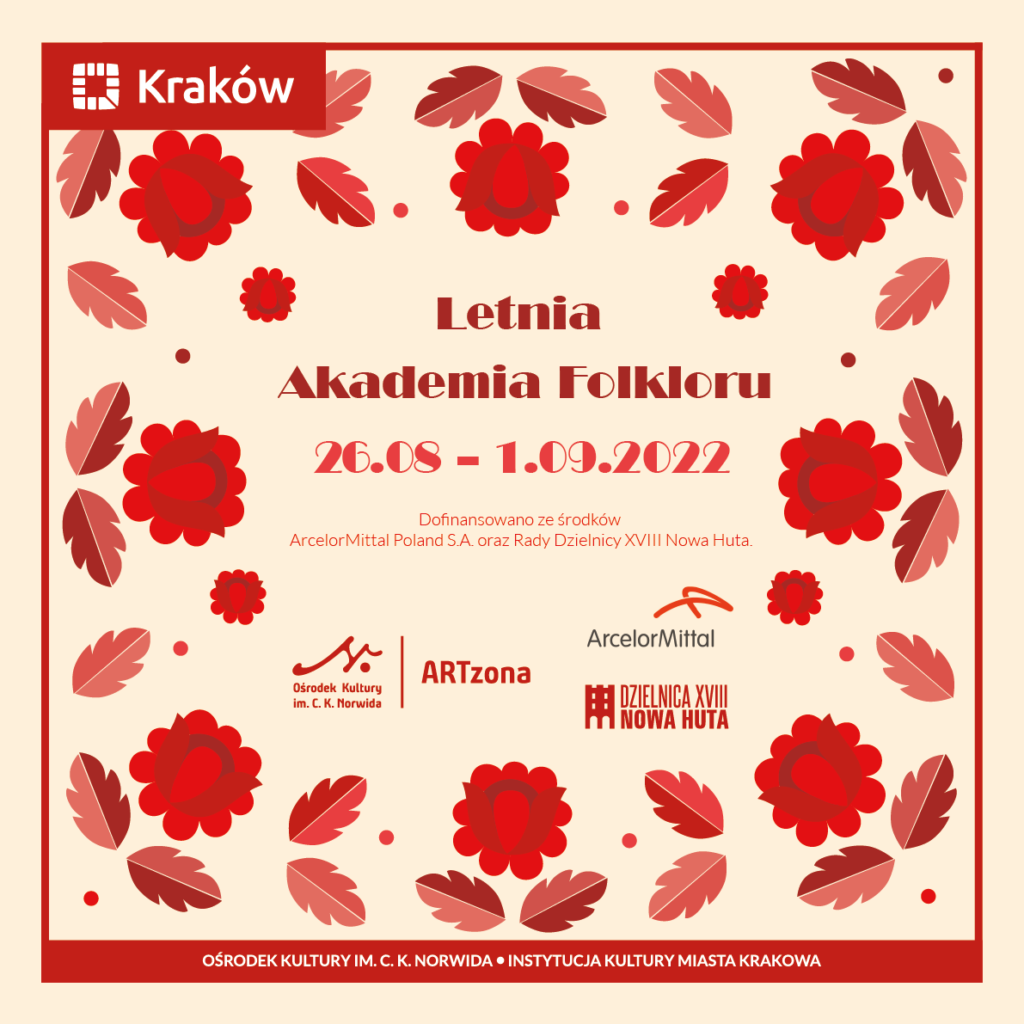 akademia folkloru_ramka kwadrat_LOG Jasny plakat w czerwone róże. Napis: Letnia akademia folkloru dwudziestego szóstego sierpnia do pierwszego września.