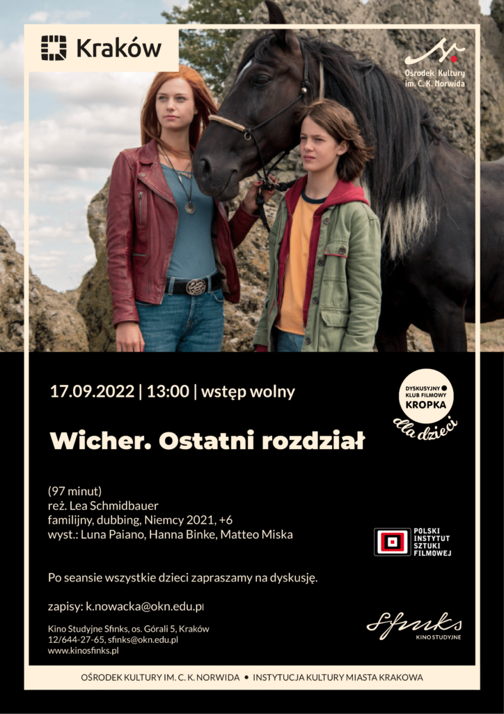DKF dla dzieci - Wicher-1 Plakat. na zdjęciu dziewczynka i chłopiec stoją razem z koniem.