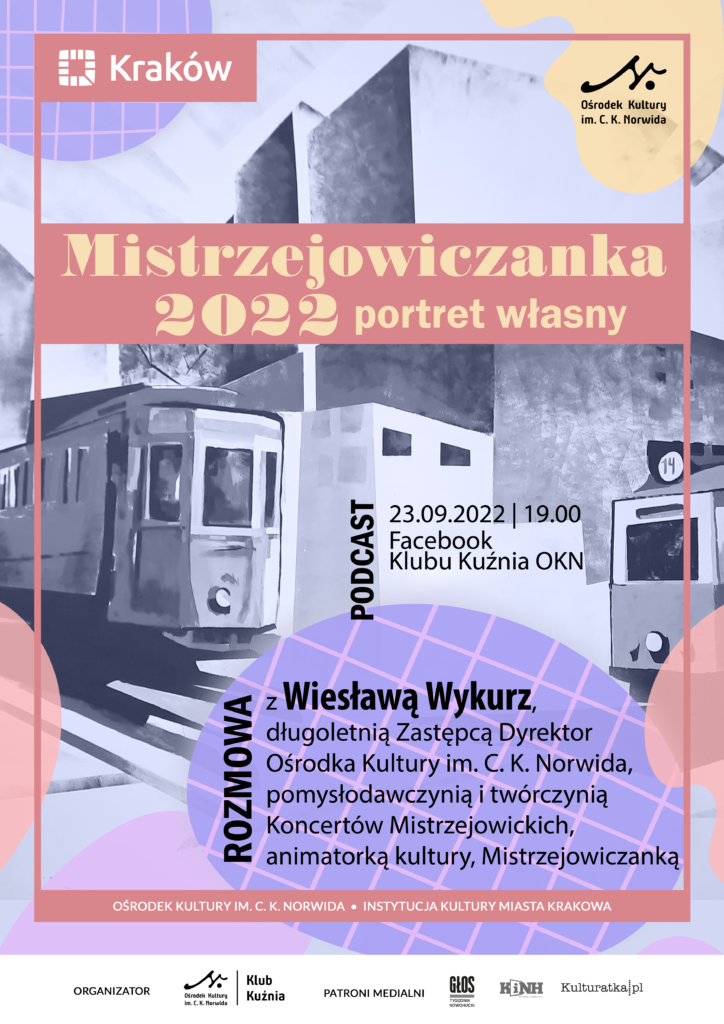 KK - Mistrzejowiczanka 22 - A3 W tle przedstawiony krajobraz miejski. Tramwaje oraz budynki. Bladoniebieskie kolory z elementami czerwonymi, fioletowymi oraz żółtymi. Mistrzejowiczanka 2022 - portret własny.