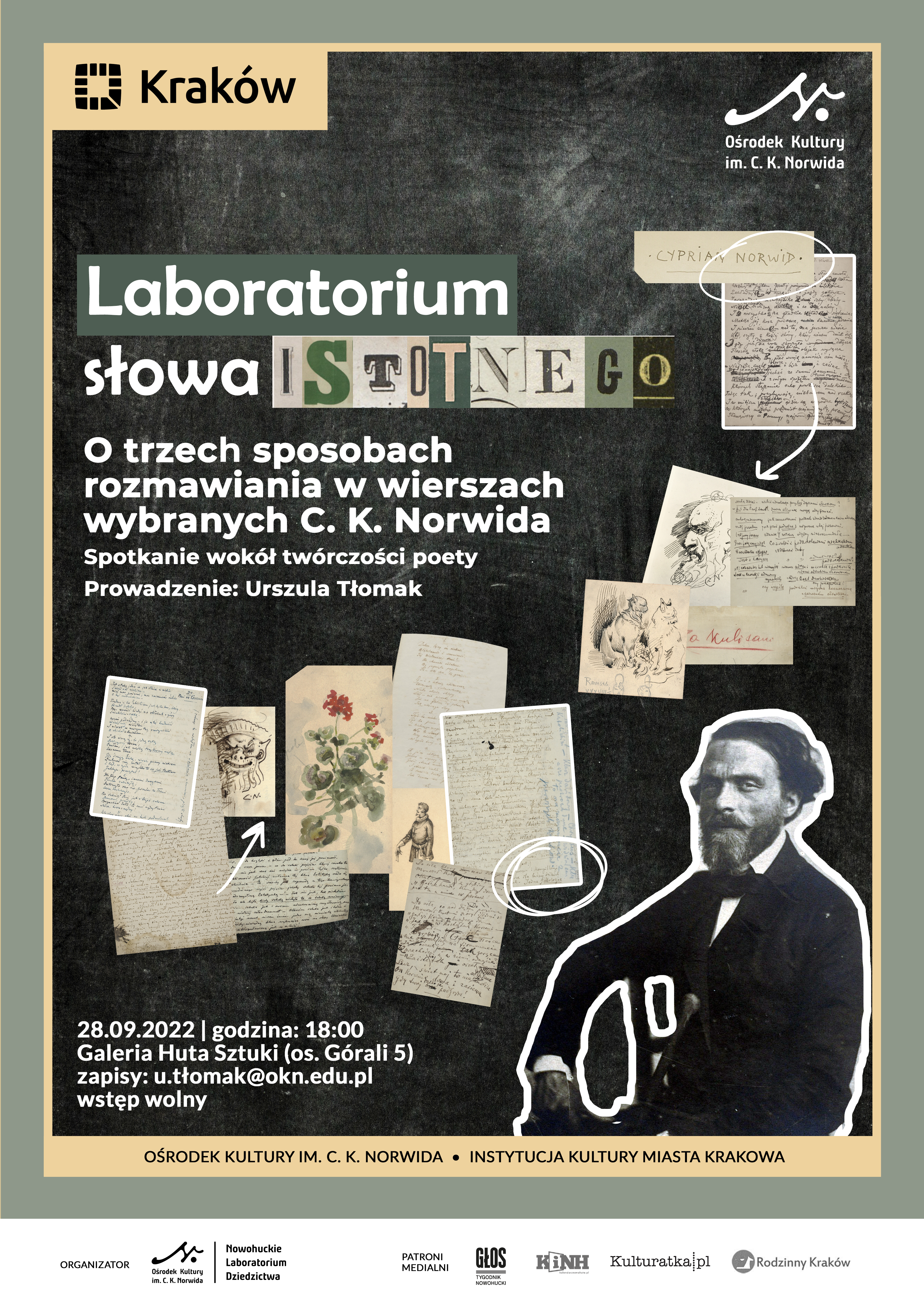 Kartki papieru z notatkami i tekstami oraz rysunkami na czarnym tle. W prawym dolnym rogu czarno-biały wizerunek Norwida. Szare tło. Laboratorium słowa istotnego.