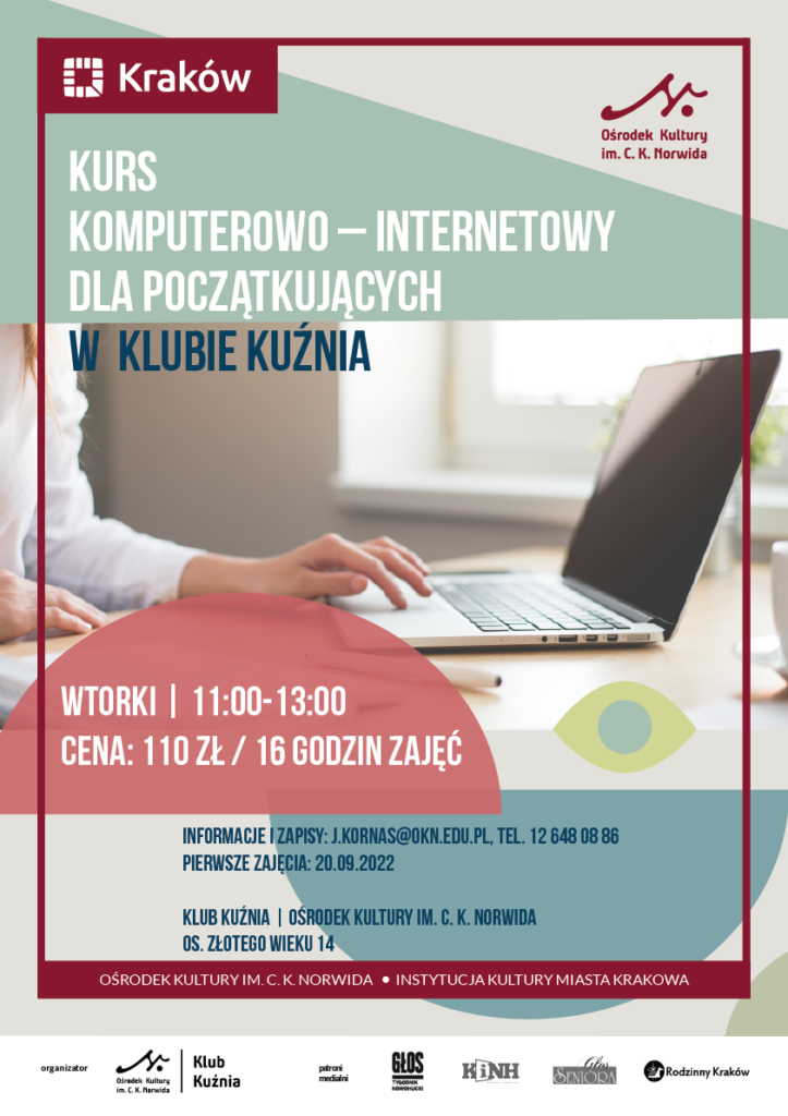 kurs komputerowy_a3 Kobieca dłoń przesuwająca taczpad w laptopie. U góry i u dołu abstrakcyjne kształty. Plakat do wydarzenia: Kurs komputerowo-internetowy dla początkujących w Klubie Kuźnia.