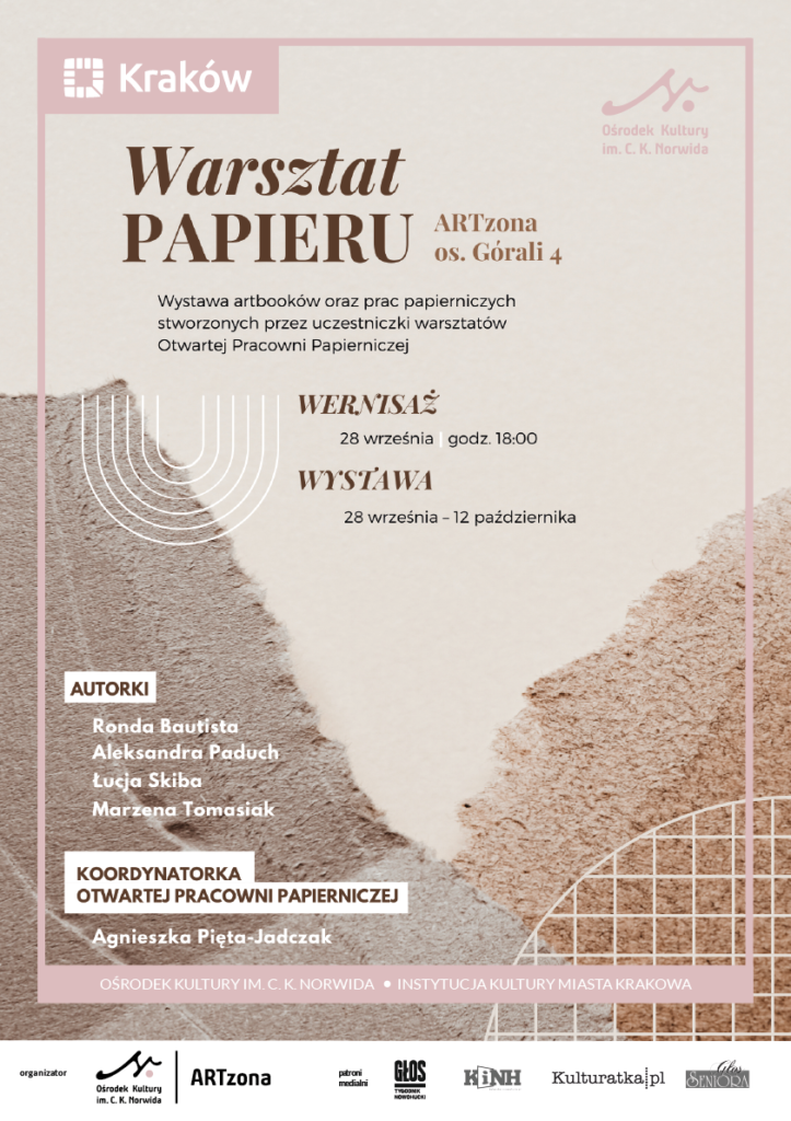 pracownia papiernicza wernisaż_a3 Plakat informacyjny. Wystawa Warsztat papieru. Wernisaż 28 września 2022 roku, godzina 18:00. ARTzona, os. Górali 4