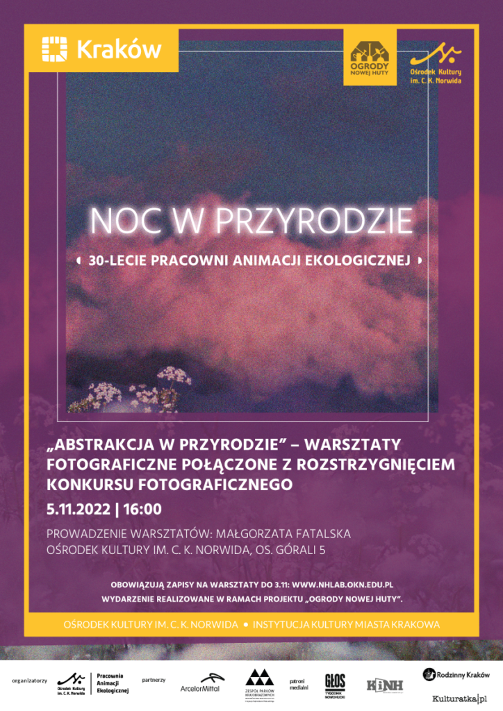 30 LECIE ANIMACJI EKOLOGICZNEJ konkurs foto rozstrzygnięcie_afisz 2 30-lecie Pracowni Animacji Ekologicznej. Rozstrzygnięcie konkursu fotograficznego "Noc w przyrodzie" i warsztaty fotograficzne. 5 listopada 2022 r, godzina 16:00.