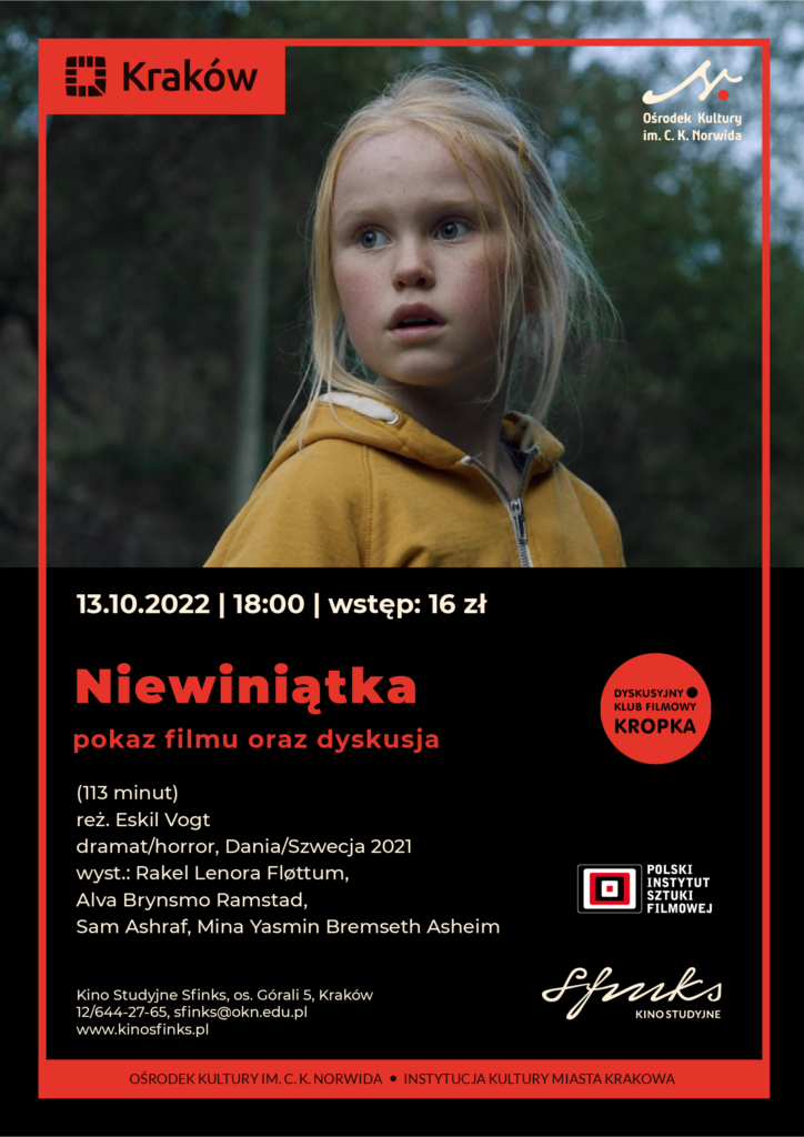 dkf-niewiniatka U góry kadr z filmu z mała dziewczynką o włosach blond na tle drzew. Dyskusyjny Klub Filmowy Kropka. Niewiniątka w reżyserii Eskila Wogta.