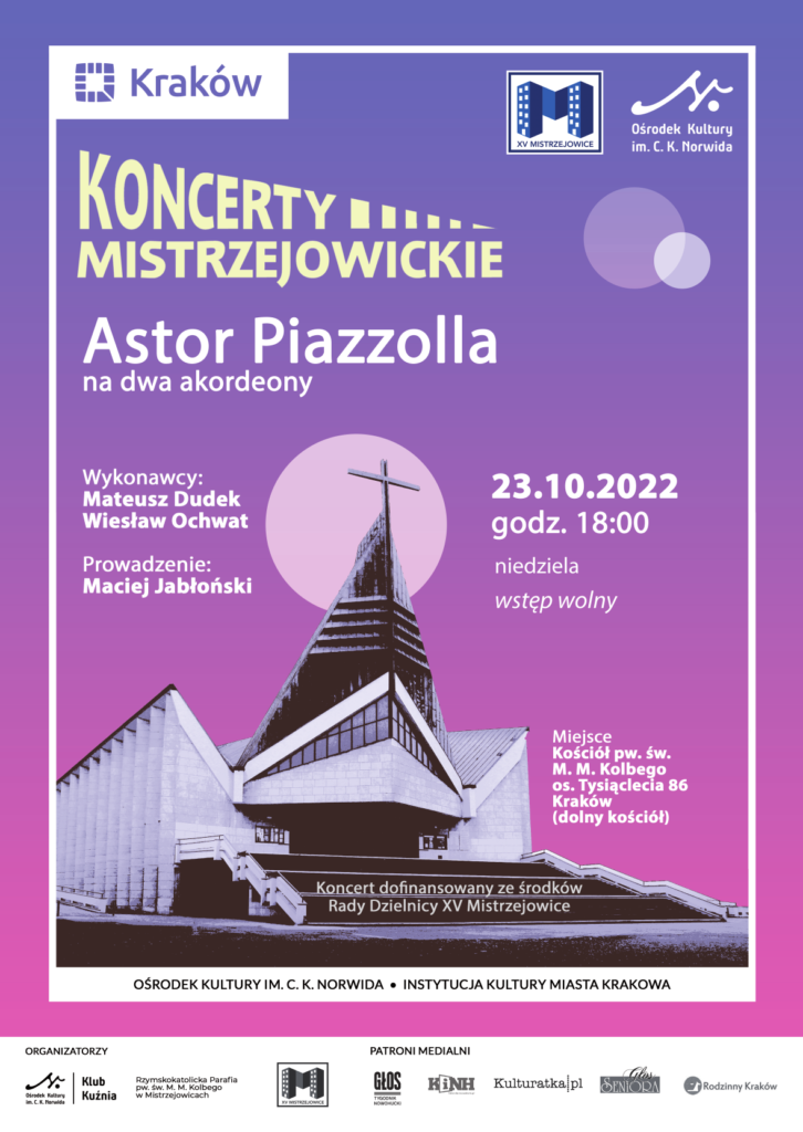 Koncerty Mistrzejowickie - A3_druk Wizerunek kościoła w czerni i bieli na fioletowym tle. Koncerty mistrzejowickie. Astor Piazzolla na dwa akordeony.