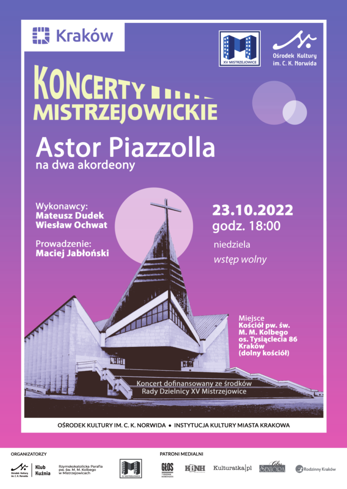 Wizerunek kościoła w czerni i bieli na fioletowym tle. Koncerty mistrzejowickie. Astor Piazzolla na dwa akordeony.