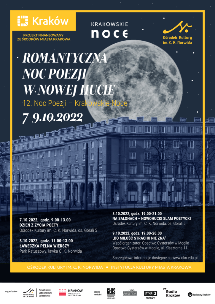NHLab_noc-poezji_A3 Księżyc nad nowoc\huckim blokiem. Niebie barwy, ciemne niebo. Plakat do wydarzenia pod tytułem romantyczna noc poezji w nowej hucie.