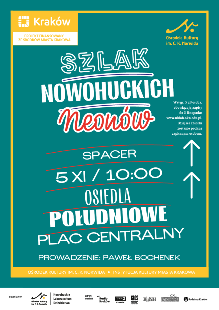 Obszar roboczy 2 kopialistopad Szlak nowohuckich neonów. Spacer. 5 listopada 2022 r. Osiedla Południowe, Plac Centralny
