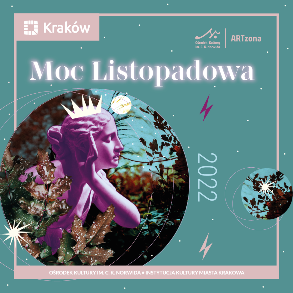moc-listopadowa_kwadrat W lewym dolnym rogu fioletowy wizerunek posągu kobiety wśród kwiatów. Moc listopada 2022.